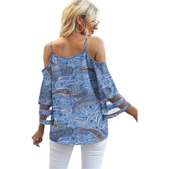 Boho Paisley Printed Mesh Panel 3/4 Bell Sleeve Off Shoulder Flowy‎ Top Blouse - Picture 5 of 5
